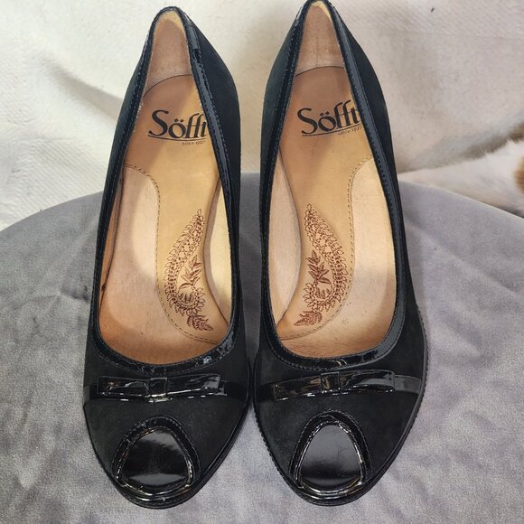 Sofft Black Suede and Patent Leather 3" Peep Toe Bow Detail Dress Pump Size 6.5M - Picture 4 of 16